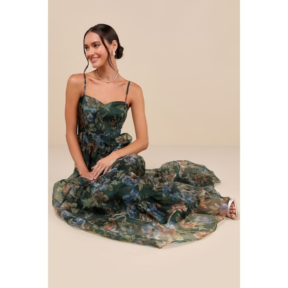 Exclusive Glamour Green Floral Organza Tiered Maxi Dress